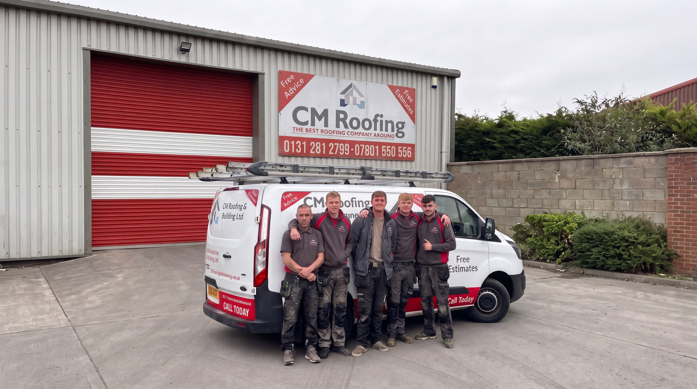 The CM Roofing team standing in front of their van at the yard