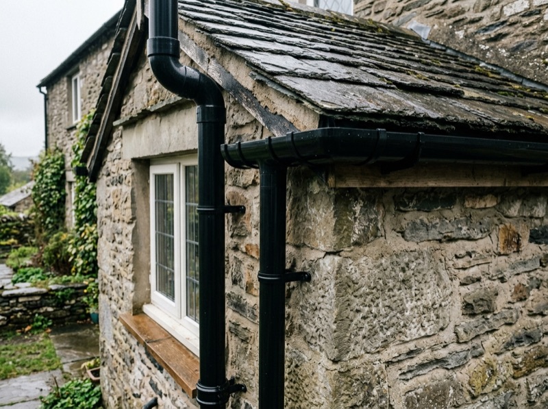 New black guttering and downpipe on a stone cottage