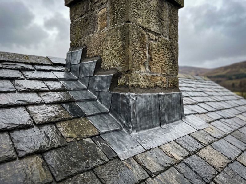 New lead flashing dressed around a chimney base