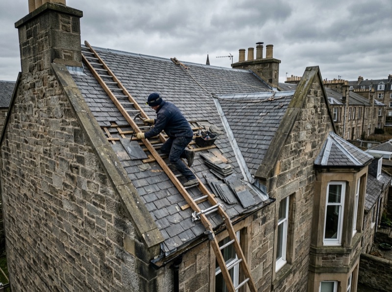 Roofer carrying out a roof repair on a slate roof in Edinburgh
